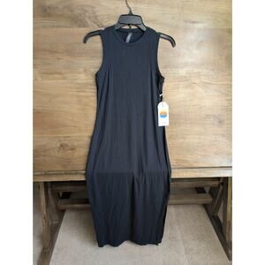 Vuori Pose Modern Dress Womens XS Black Ribbed Sleeveless Stretch Side Slit